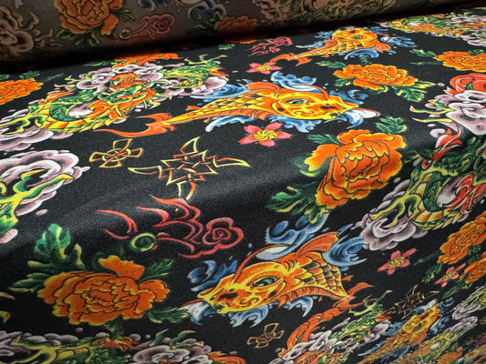 Panama woven fashion fabric, per metre - The Carp & The Dragon Gate print - multicolour