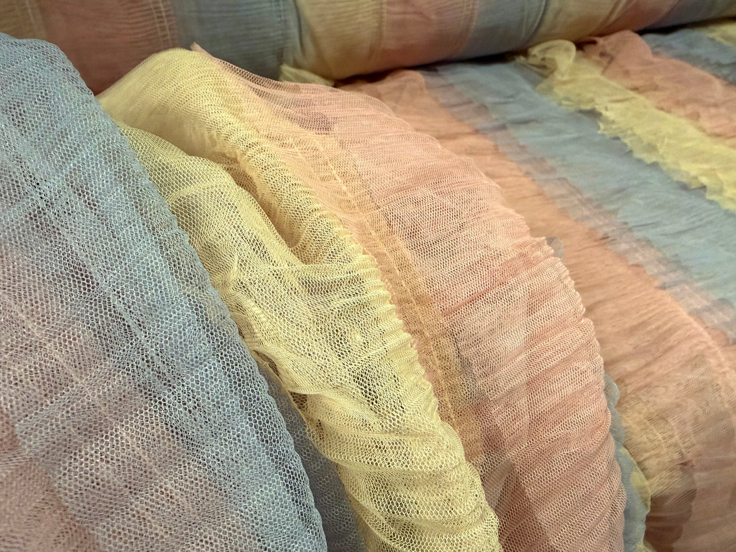 Layered tulle mesh net fabric, per metre - stripe - navy, peach, gold & lavender grey