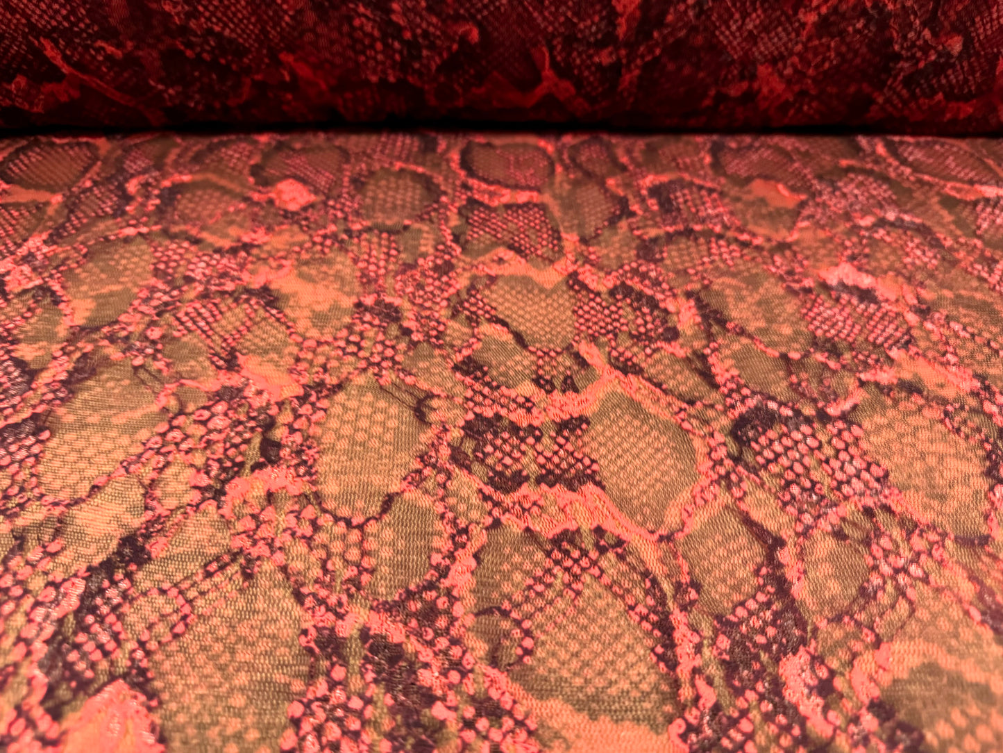 Stretch spandex mesh lace fabric, per metre - snakeskin animal print - coral pink