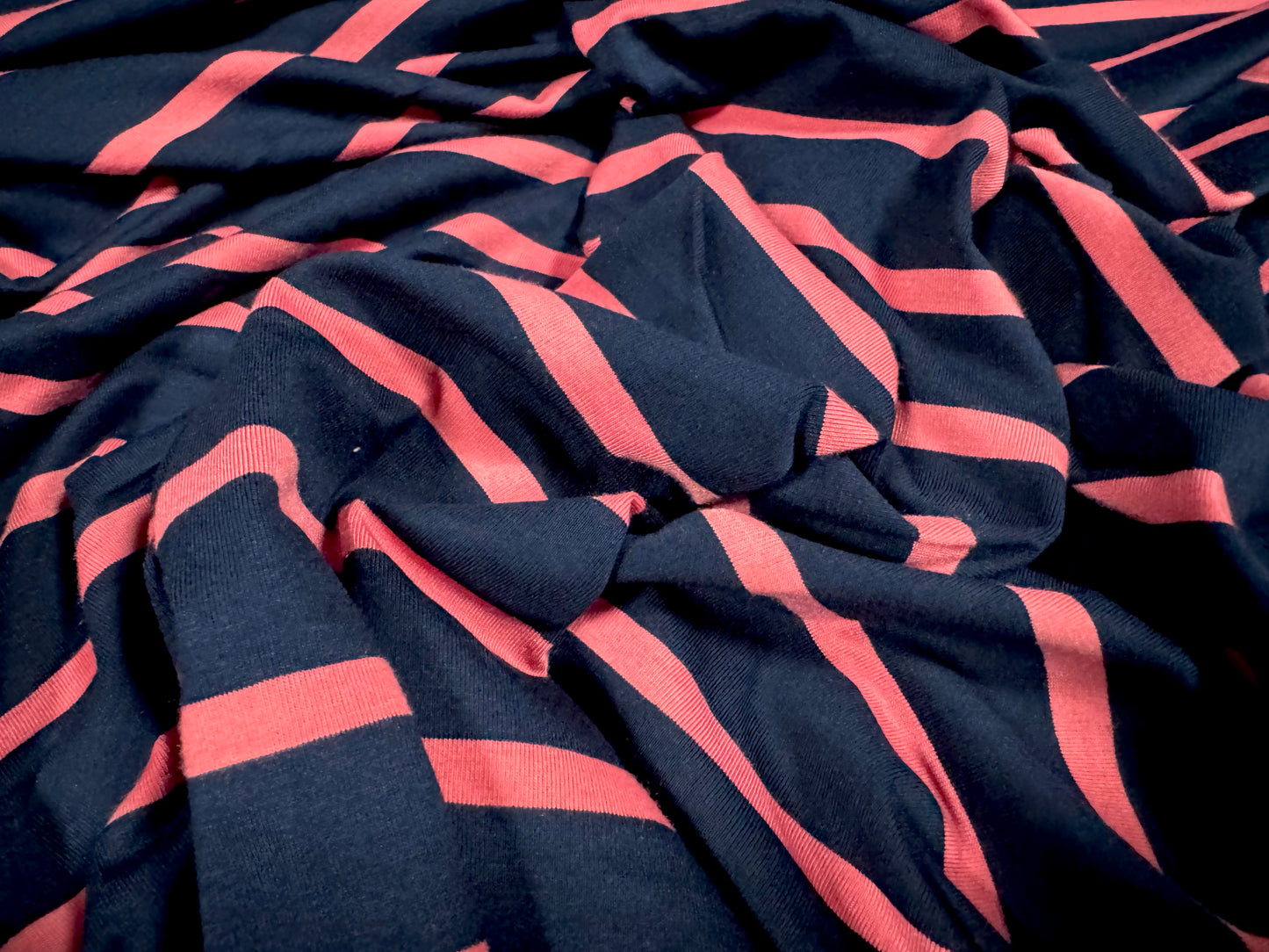 Viscose spandex stretch single jersey fabric, per metre - Bengal stripe - navy blue & pink