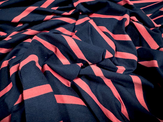 Viscose spandex stretch single jersey fabric, per metre - Bengal stripe - navy blue & pink