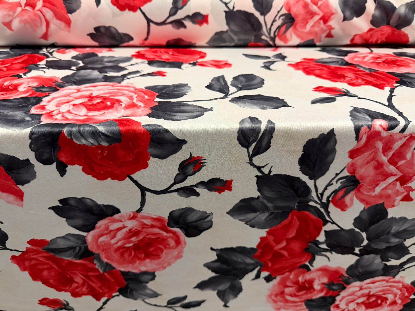 Single jersey fashion fabric, per metre - English Rose print - red & grey