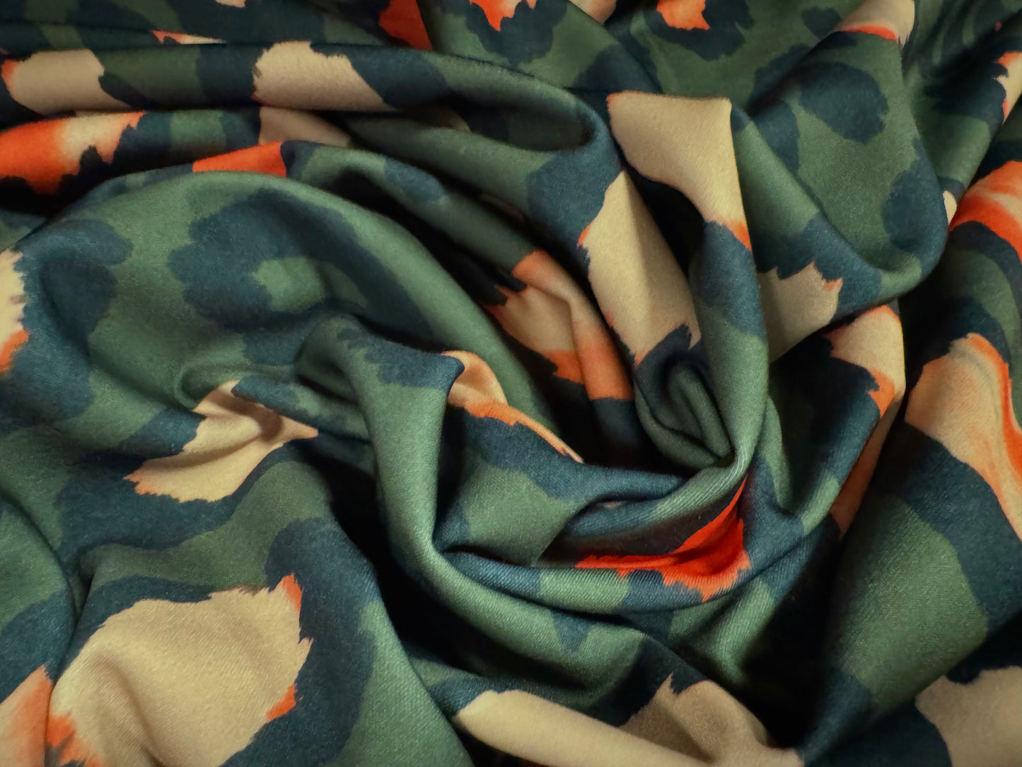 Scuba stretch spandex double jersey dress fabric, per metre - jumbo animal print - olive green beige & orange