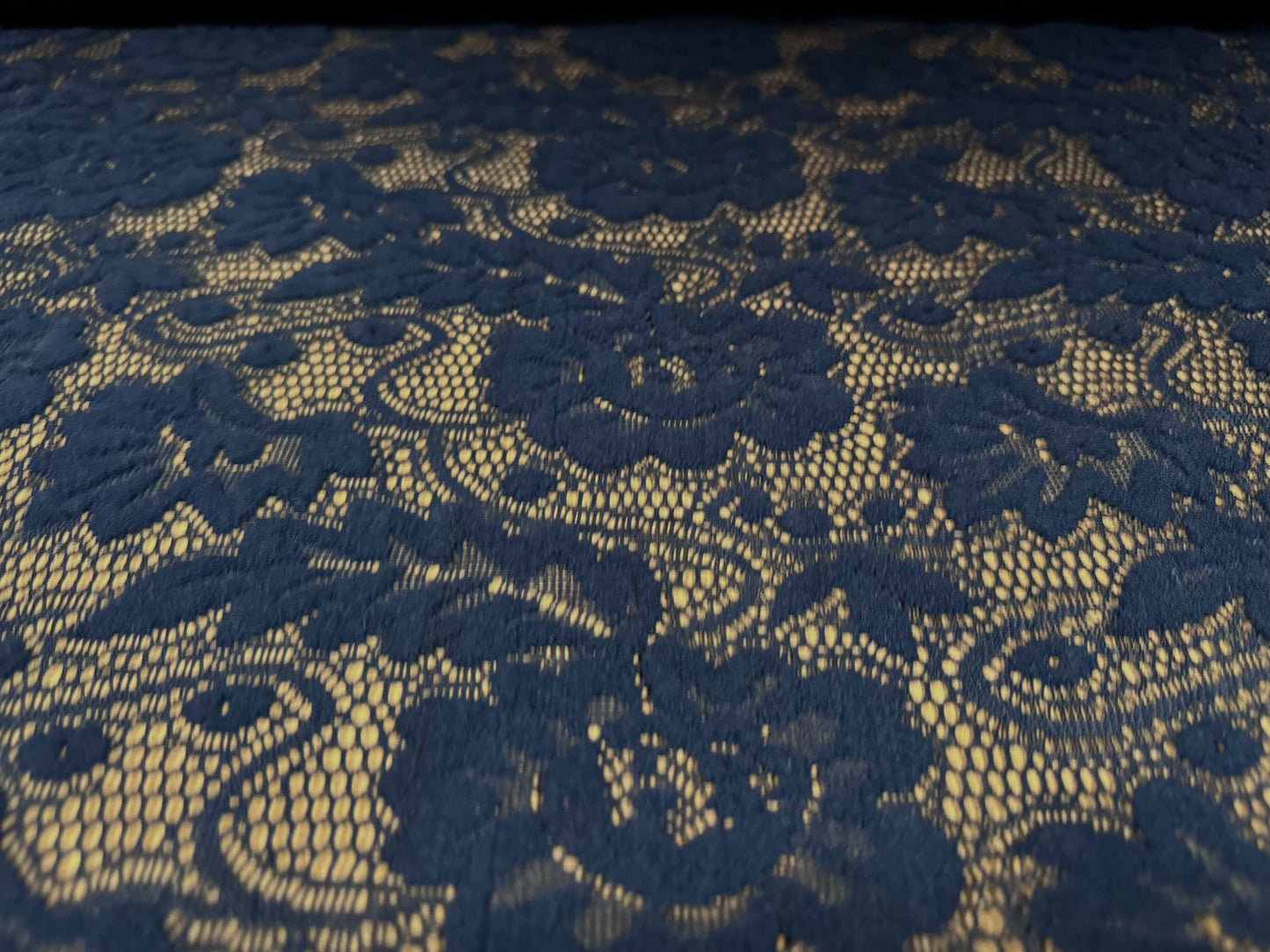 Flocked lace dress fabric, per metre - flowers & leaves - dark navy blue