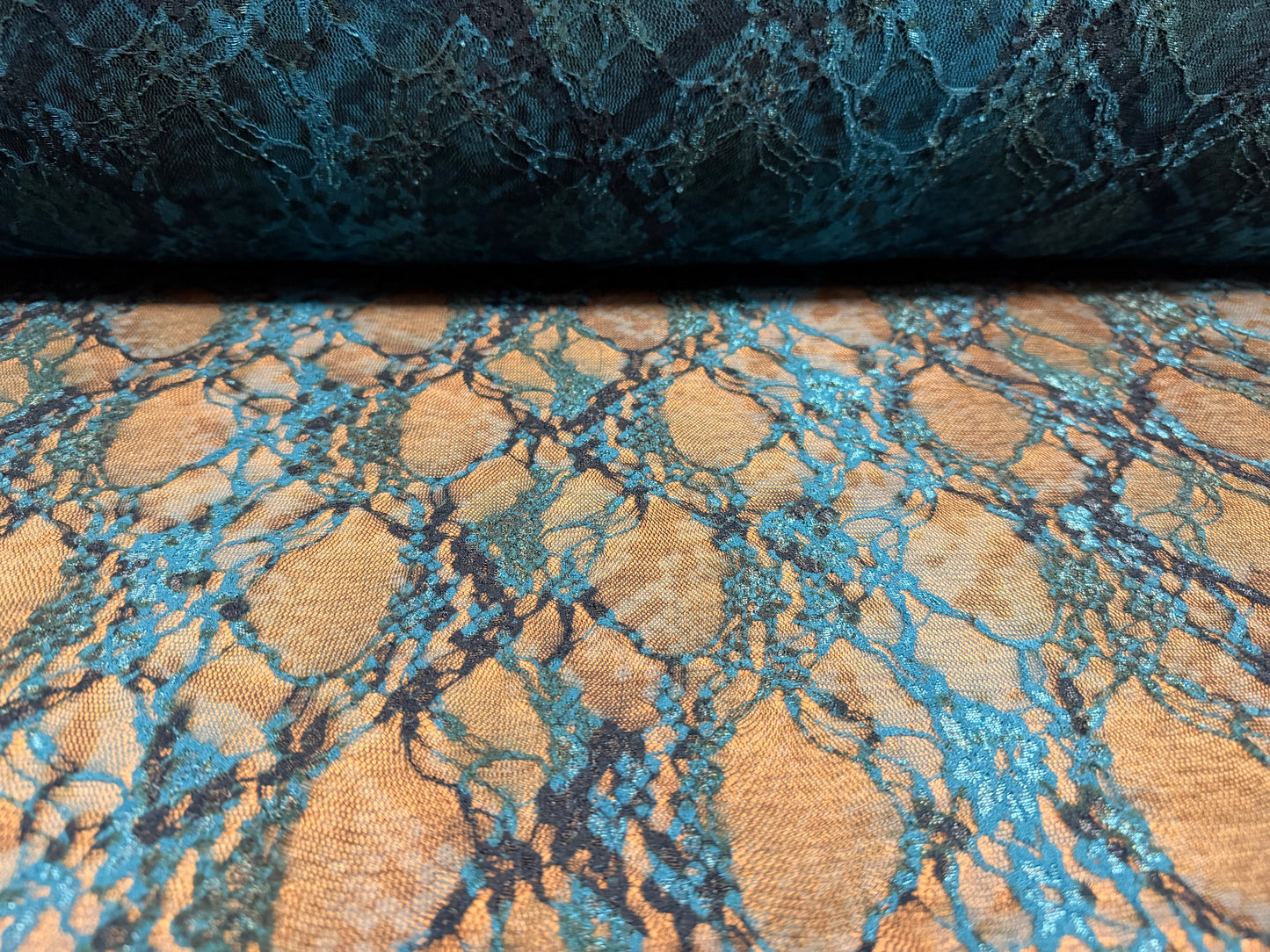 Stretch spandex mesh lace fabric, per metre - snakeskin print - kingfisher blue