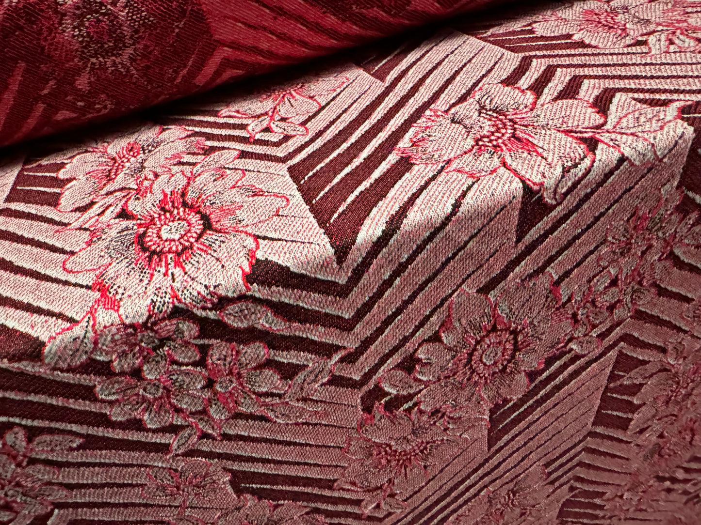 Stretch double jersey fabric, per metre - stylised flower jacquard - red pink & aubergine