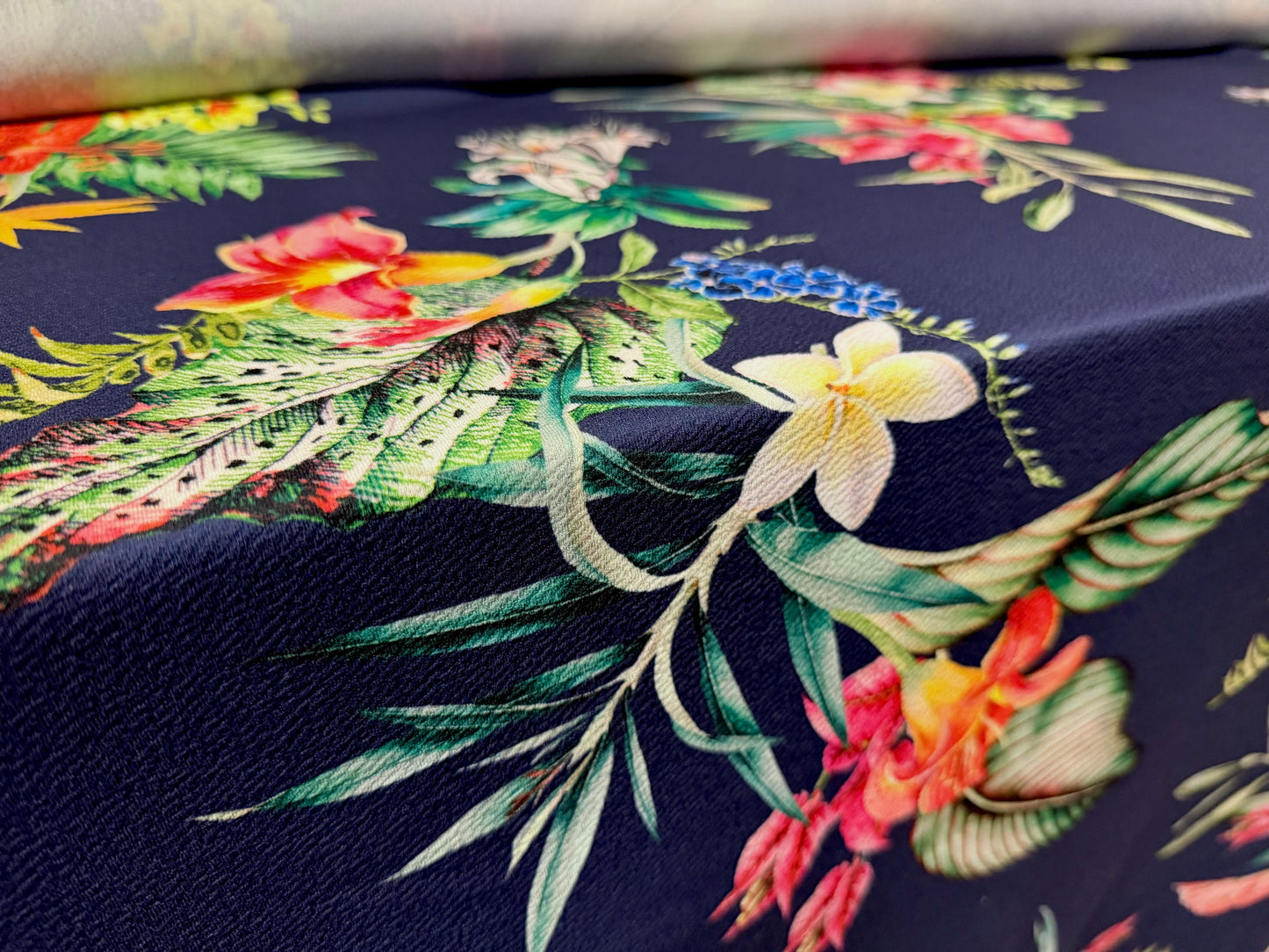 Liverpool textured scuba stretch double jersey fabric, per metre - lily bouquet print - navy blue
