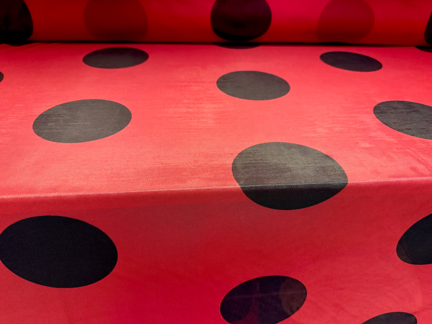 Power mesh net stretch spandex fabric, per metre - jumbo ladybird polka dot print - red & black