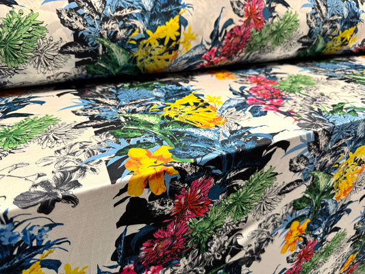 Soft touch stretch spandex single jersey fabric, per metre - Lily Bouquet print - multicolour