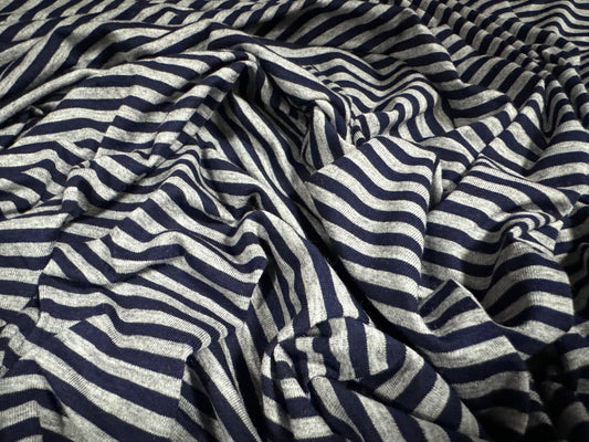 Viscose spandex stretch single jersey fabric, per metre - stripe - navy blue & grey marl