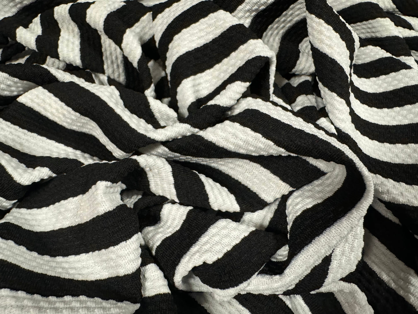 Textured double jersey stretch spandex fabric, per metre - 12 mm engineered stripe - black & white