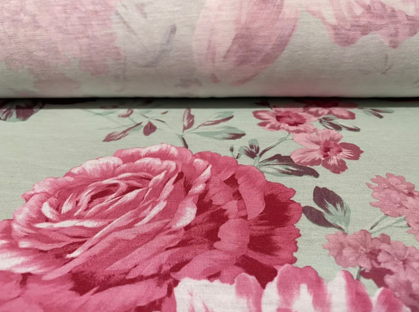 Soft handle single jersey fabric, per metre - flower print - aqua & pink