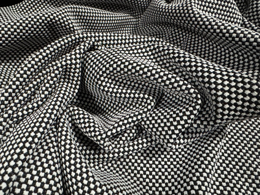 Double jersey knit stretch spandex fabric, per metre - salt & pepper dobby jacquard - black and white