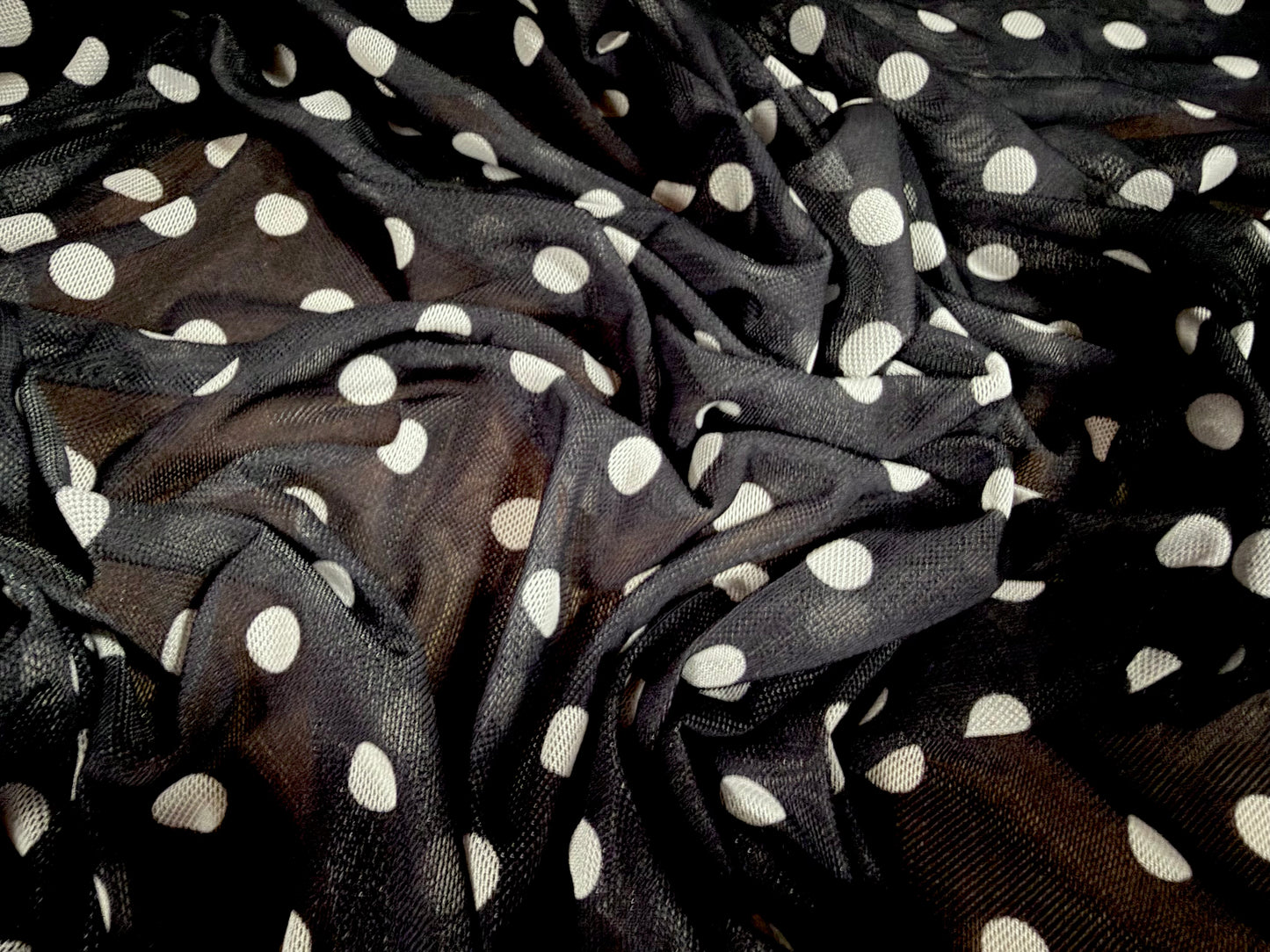 Power mesh net stretch spandex fabric, per metre - polka dot print - black & white