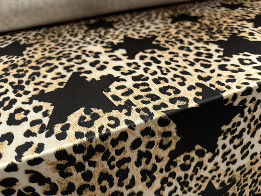 Swimwear stretch spandex jersey fabric, per metre - stars & leopard print - light gold