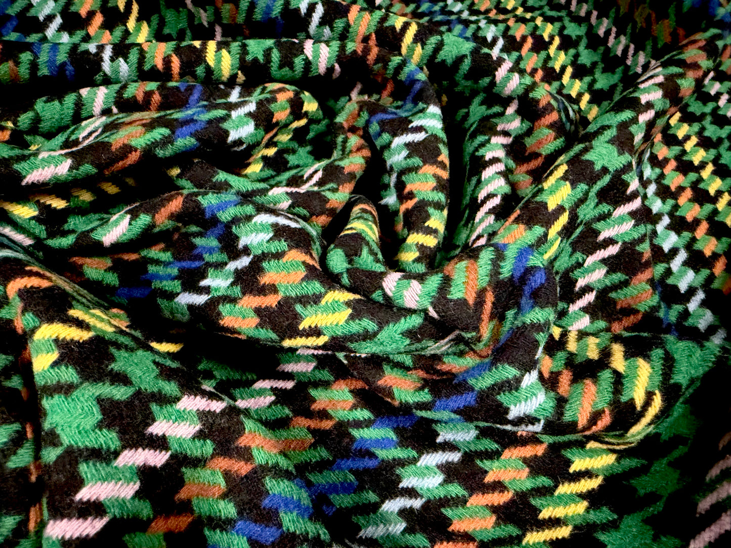 Wool tweed fabric, per metre - houndstooth - black & emerald green
