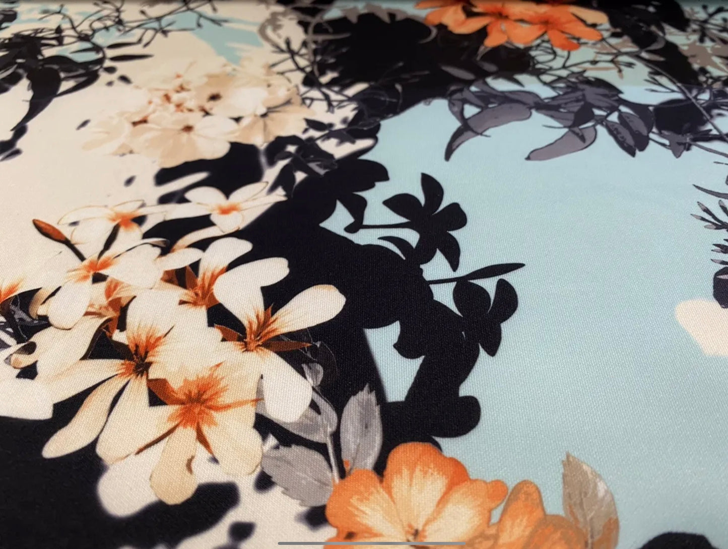 Scuba stretch spandex double jersey dress fabric, per metre - floral shadow print - aqua & peach