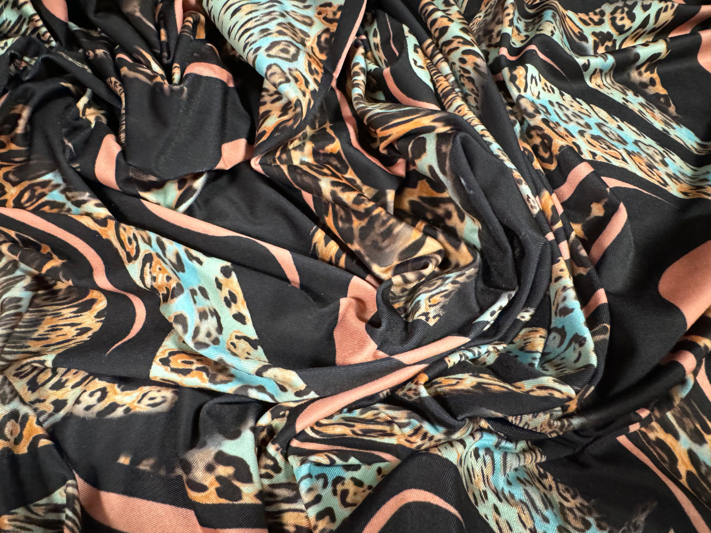 Soft touch stretch spandex single jersey fabric, per metre - leopardskin swirl print - black pink & aqua