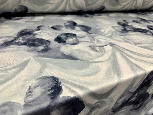 Scuba stretch spandex double jersey fabric, per metre - Cherub angels print - grey