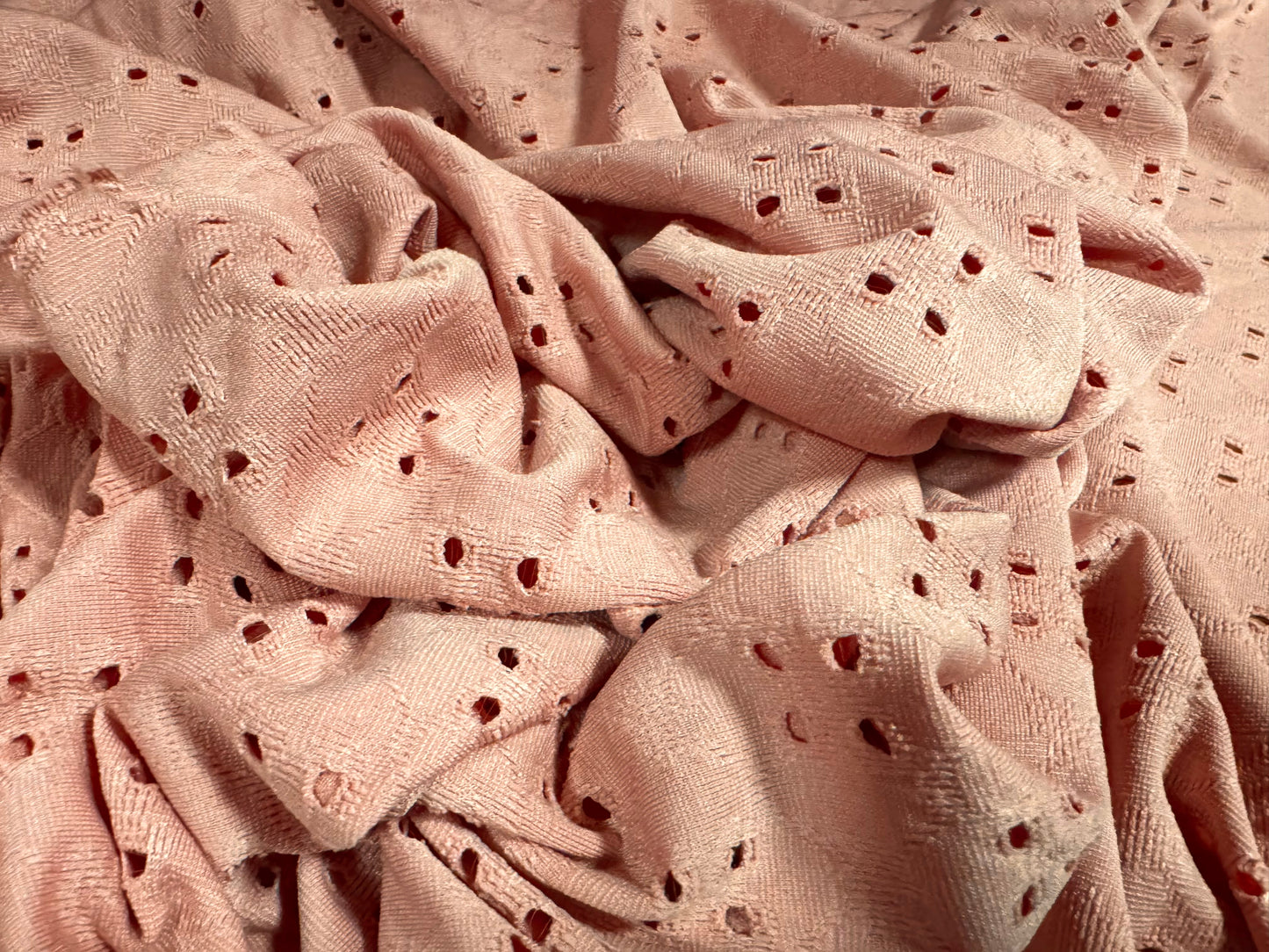 Broderie anglaise stretch spandex jersey fabric, per metre - pink