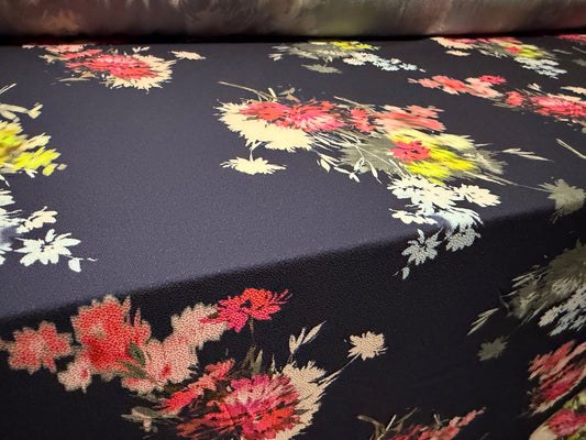 Stretch spandex crepe woven dress fabric, per metre - floral print - navy blue