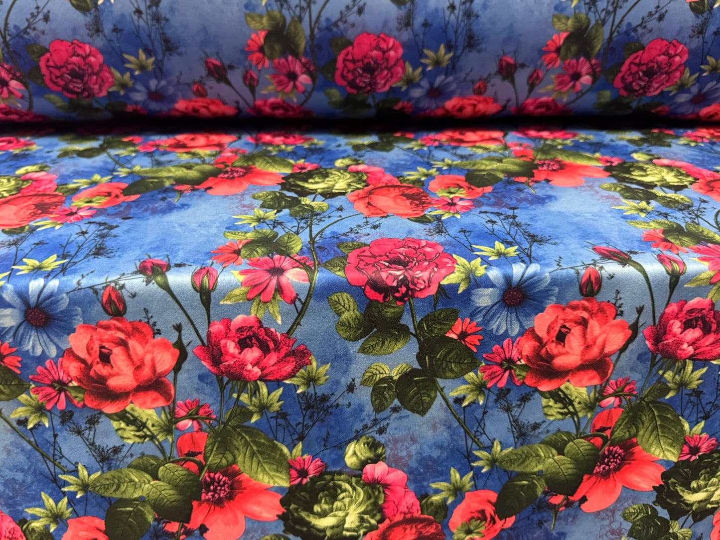 Scuba stretch spandex double jersey dress fabric, per metre - rose floral print - blue & pink