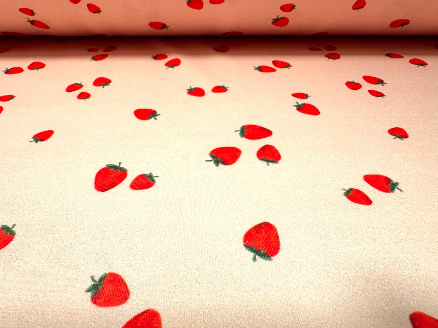 Scuba stretch spandex double jersey dress fabric, per metre - strawberry print - pink