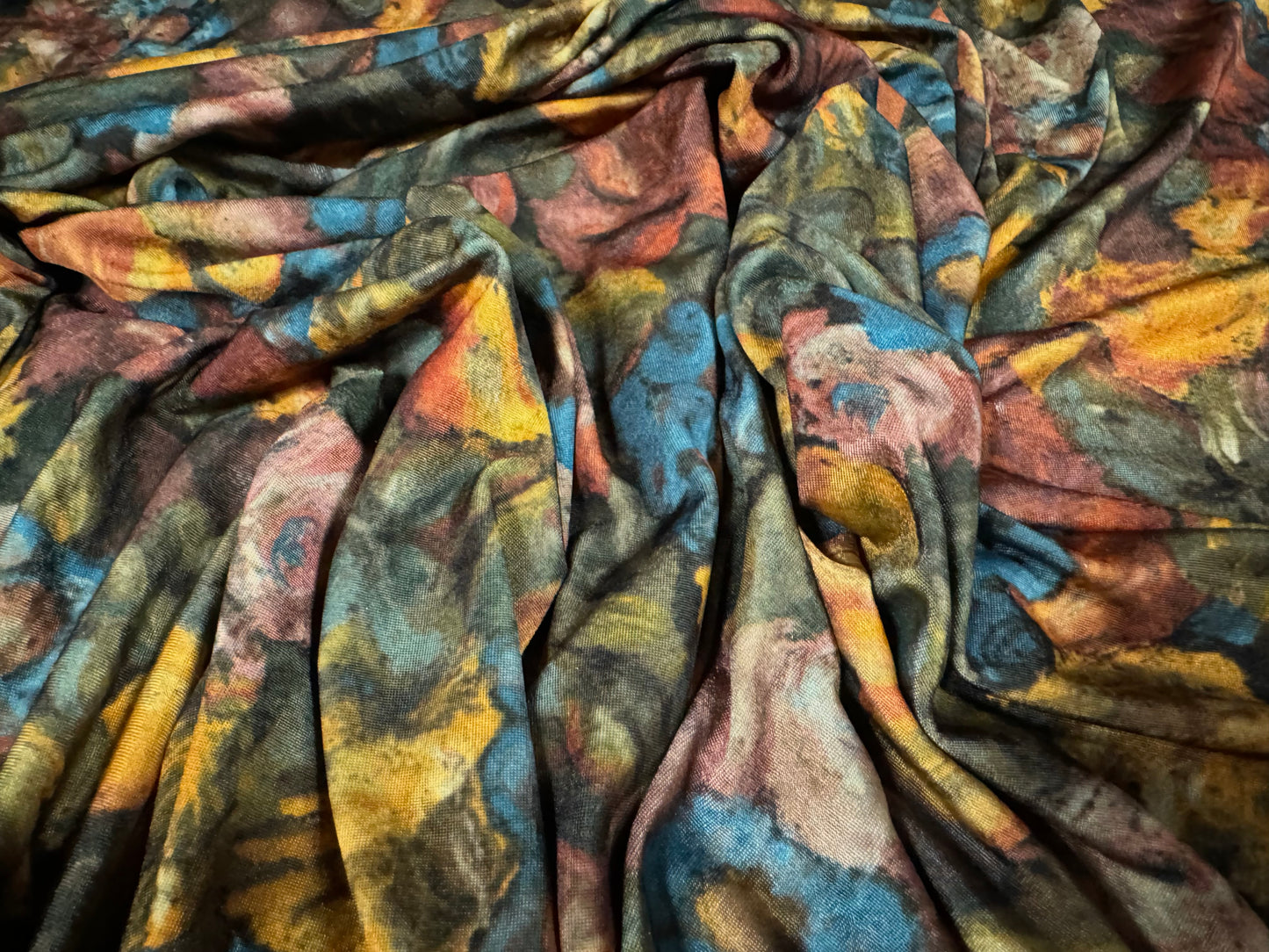 Soft touch stretch spandex single jersey fabric, per metre - post impressionist floral print - multicolour