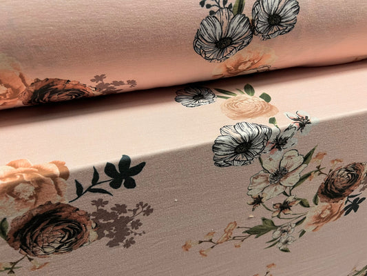 Soft handle stretch single jersey fabric, per metre - rose flower print - pale pink