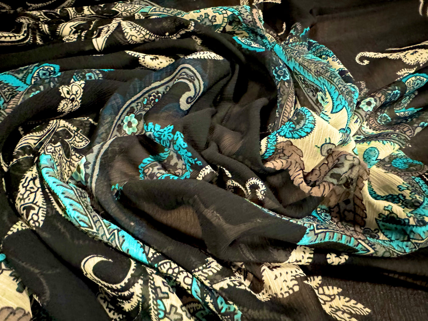 Chiffon yoryu dress blouse fabric, per metre - paisley print - black turquoise & cream