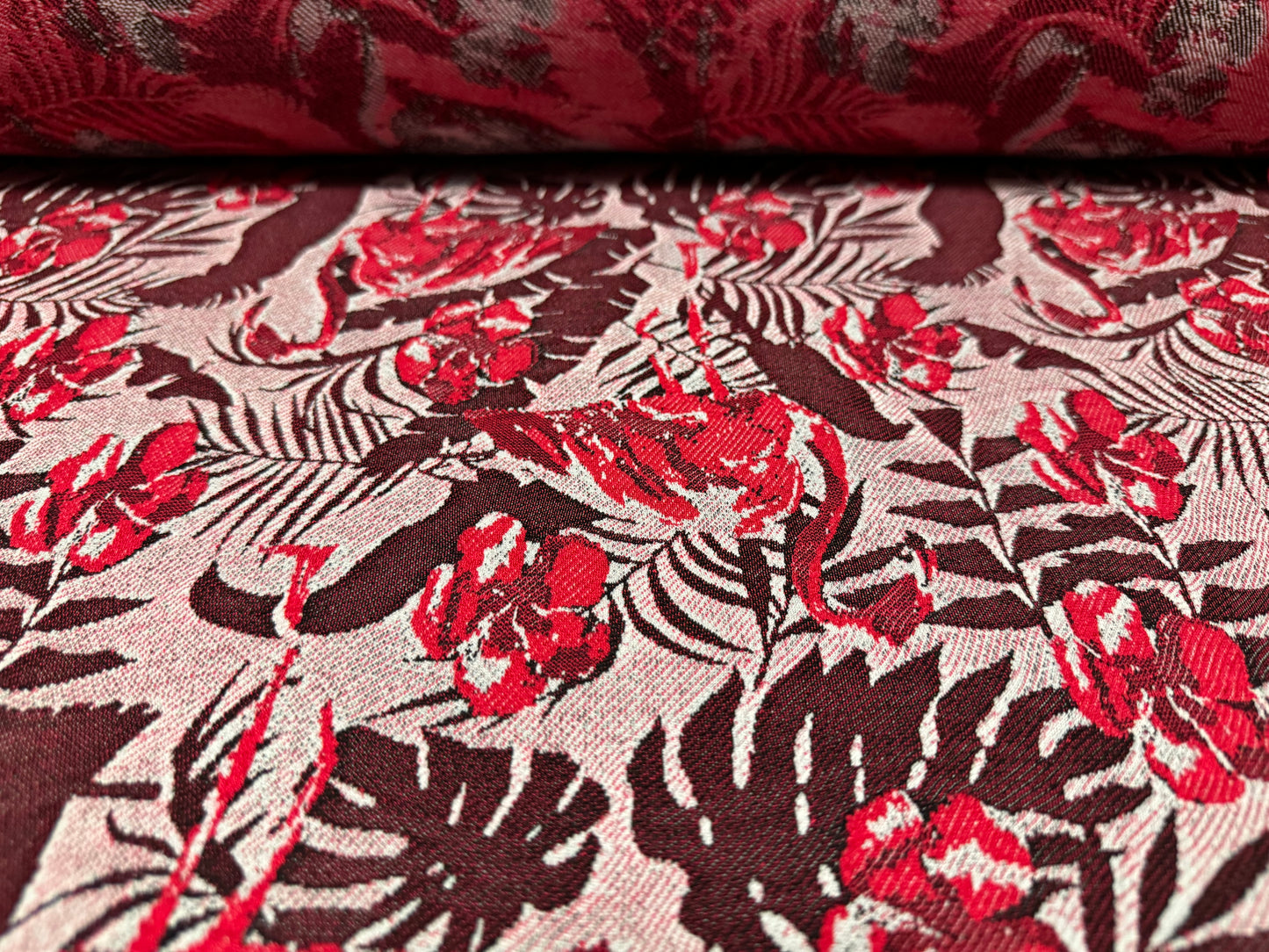 Stretch double jersey fabric, per metre - floral leaves jacquard - red pink & aubergine