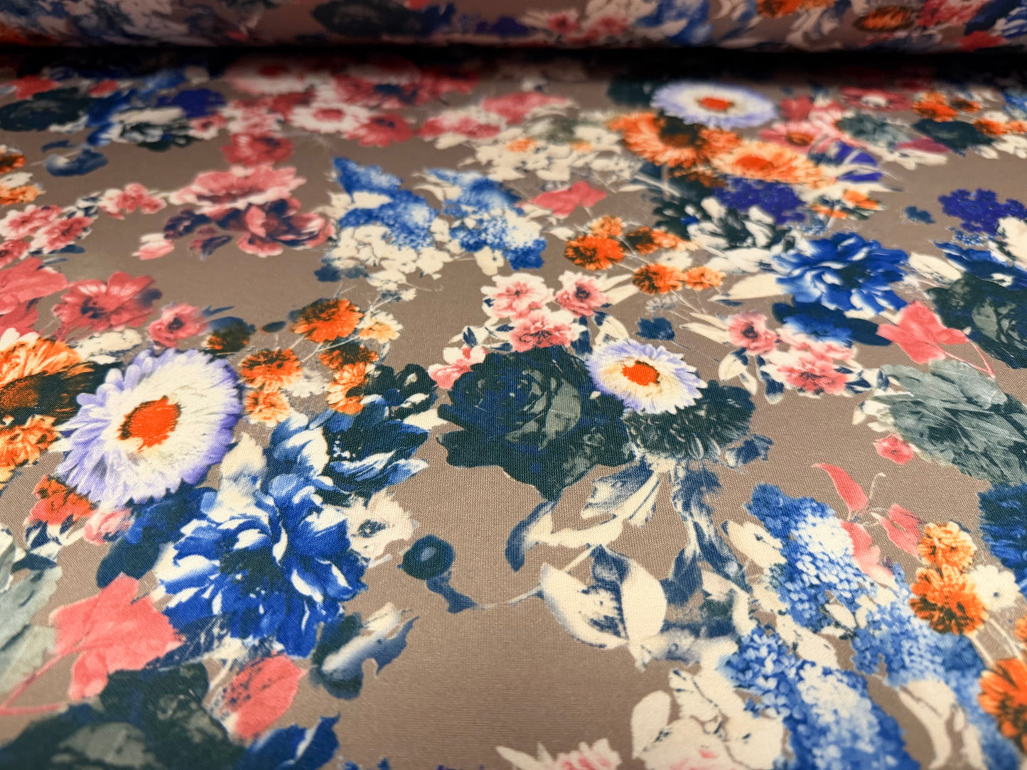Scuba stretch spandex double jersey fabric, per metre - floral print - mink & cobalt blue
