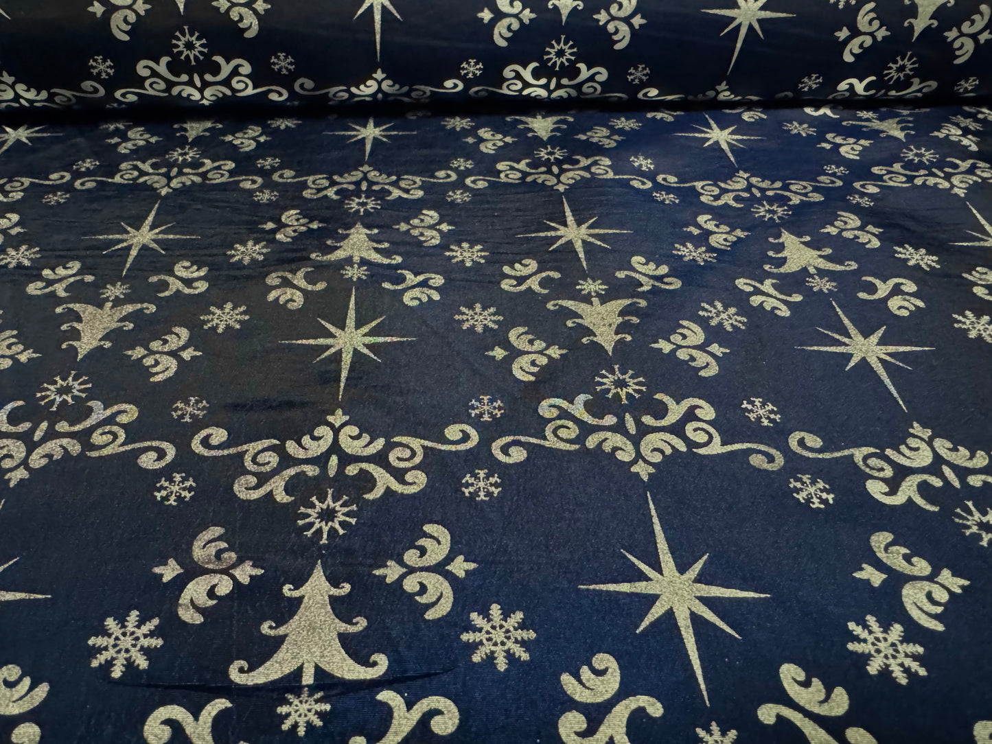 Taffeta faux silk fabric - metallic Christmas Star print - navy blue & silver