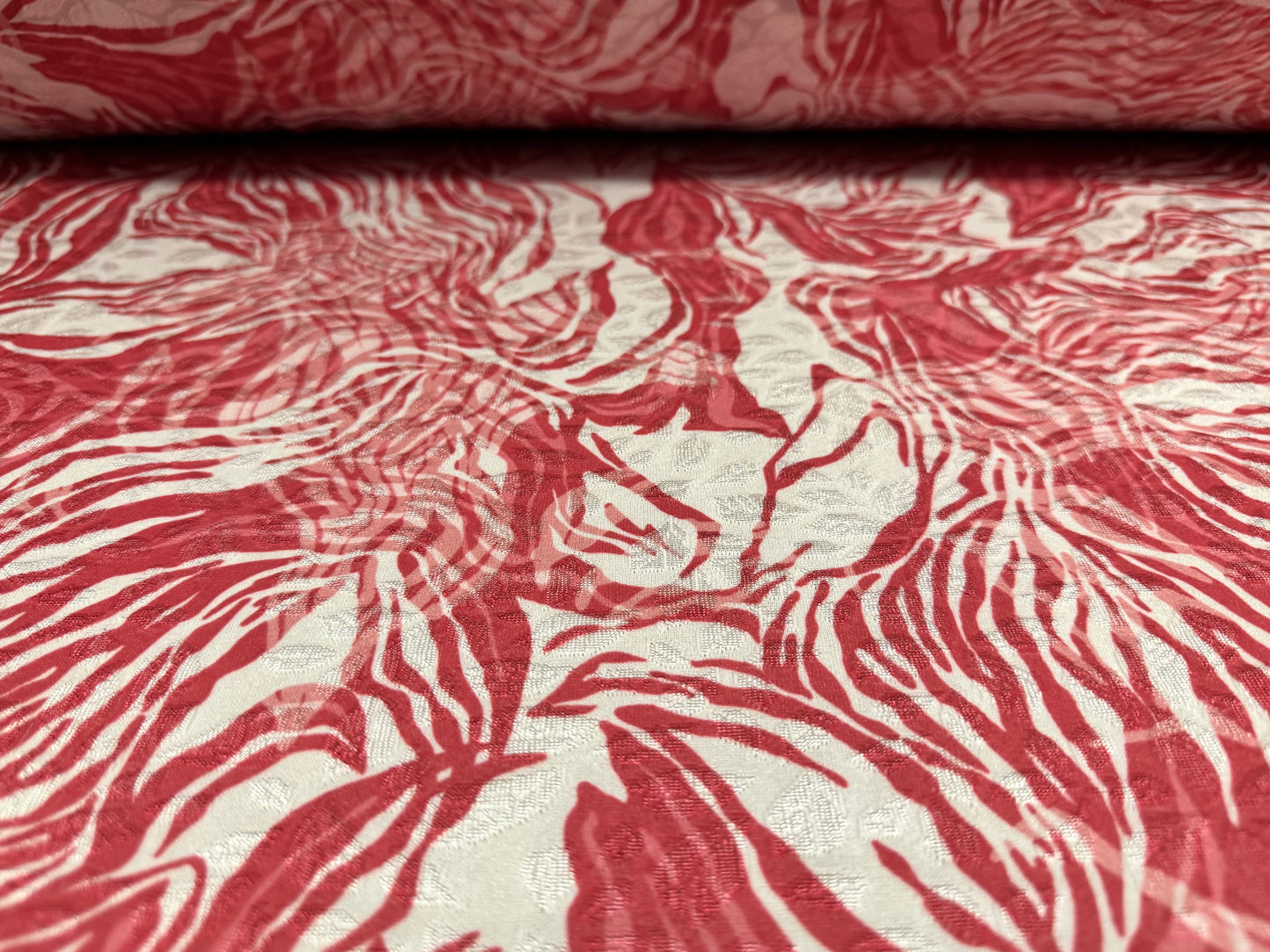 Stretch spandex jersey jacquard fabric, per metre - stylised floral print - pink & ivory