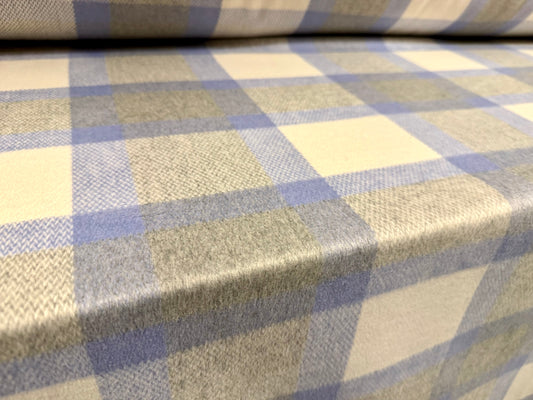 Heavyweight wool flannel brushed coat jacket fabric, per metre - plaid check - sky blue & ivory