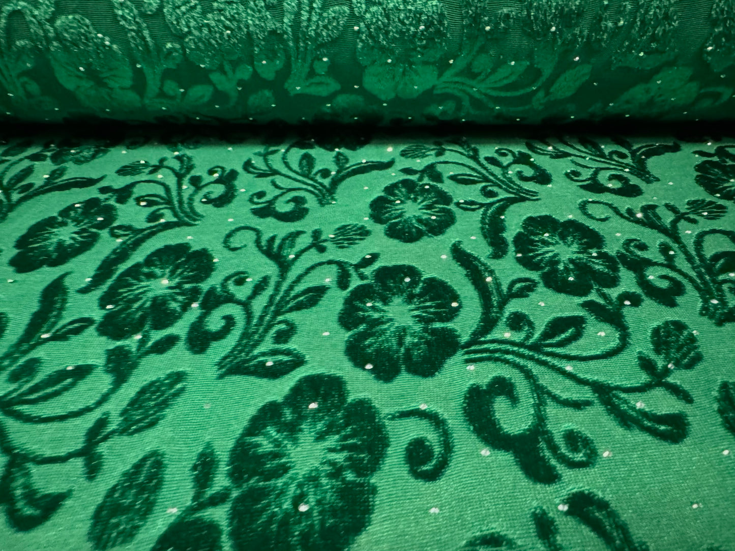 Devoré velour fabric with diamanté sparkle, per metre - floral - green