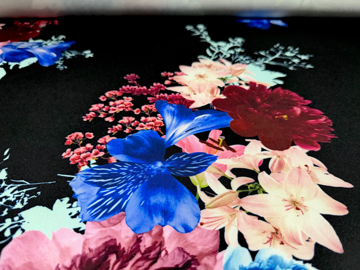 Scuba stretch spandex double jersey fabric, per metre - flourish print - black cobalt & pink