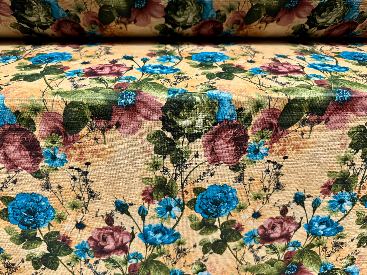 Chenille upholstery fabric, per metre - wild rose print - old gold