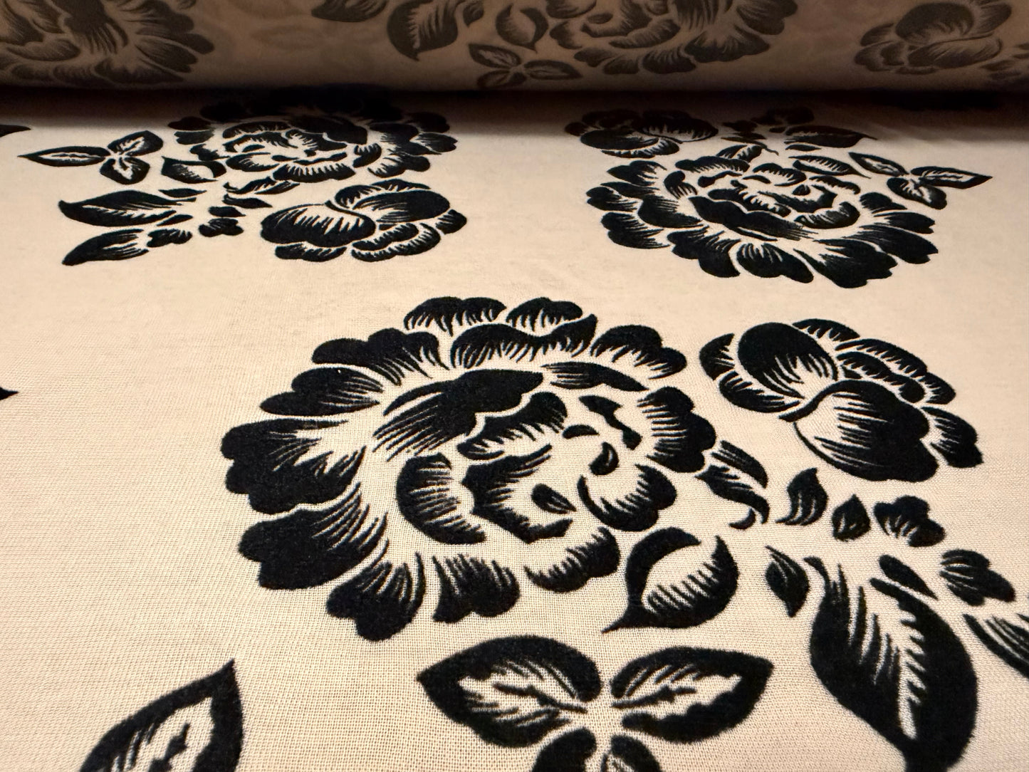 Chiffon jersey fashion fabric, per metre - flocked rose print - stone