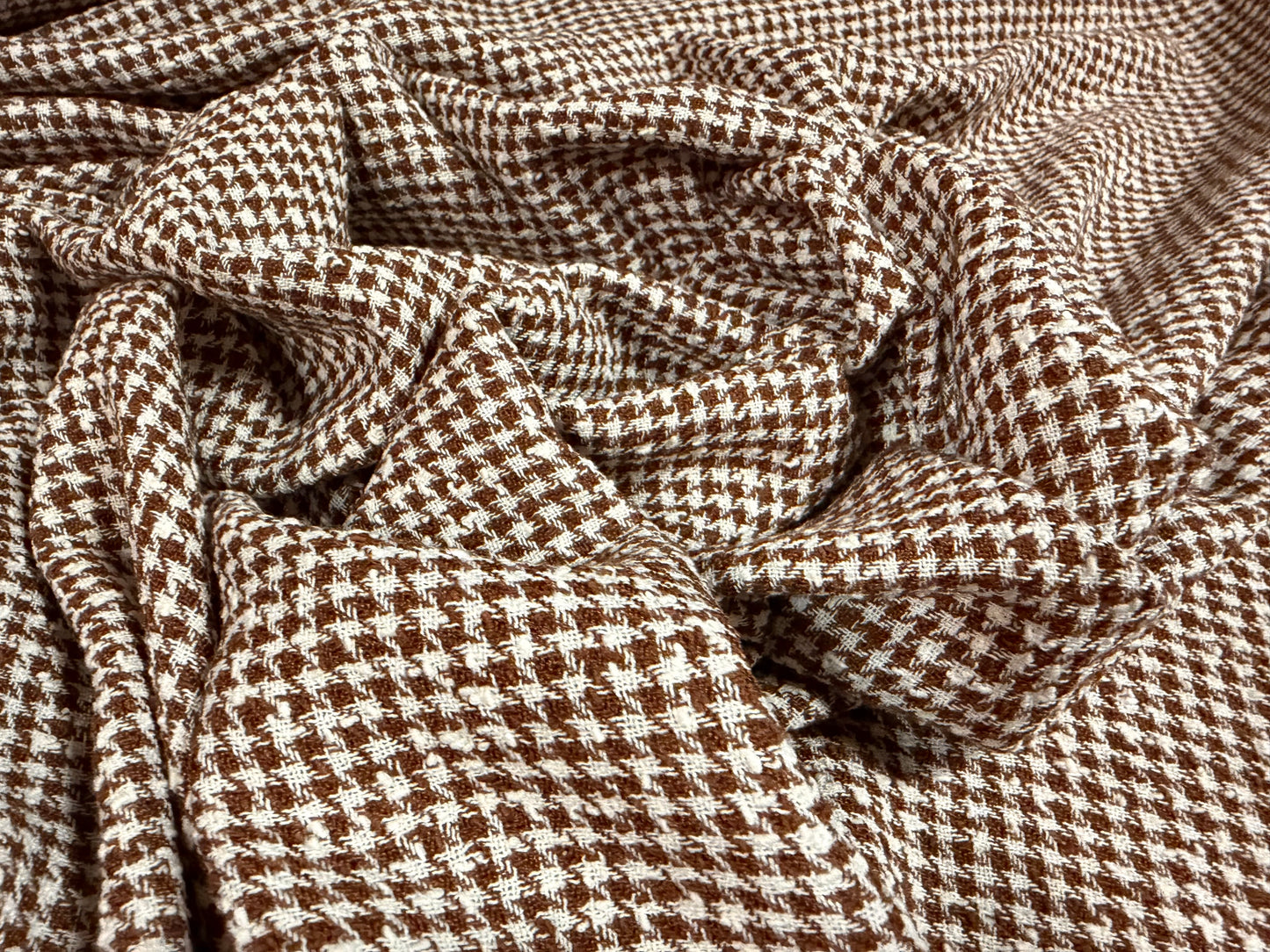 Wool bouclé fabric, per metre - dogtooth - brown & white