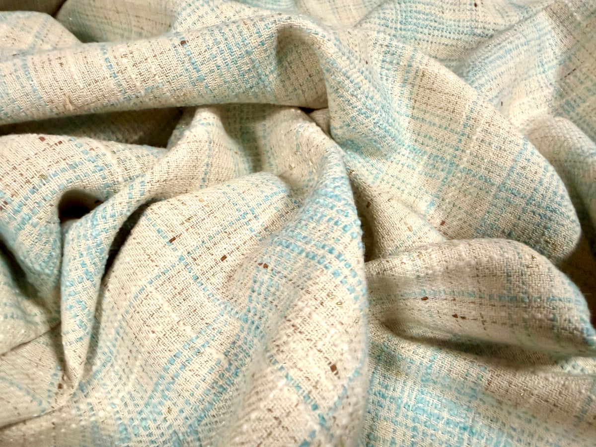 Metallic wool tweed fabric, per metre - check - turquoise & cream