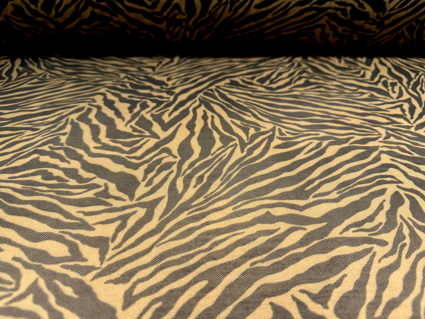 Power mesh net stretch spandex fabric, per metre - zebra animal print - light brown