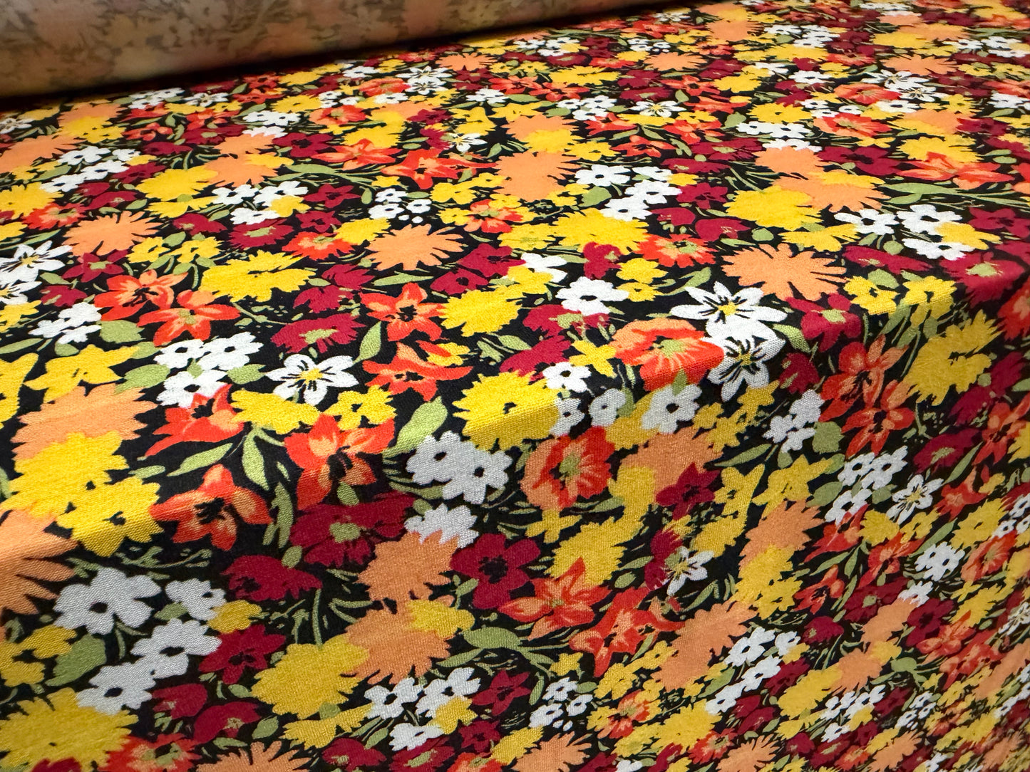 Soft handle stretch single jersey fashion fabric, per metre - Marigold print - orange yellow & red