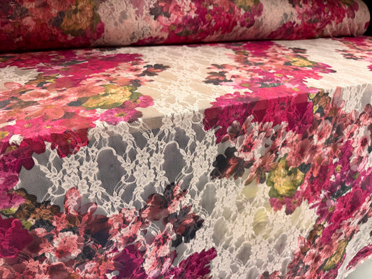 Stretch spandex mesh lace fabric, per metre - floral print - blush & cerise pink
