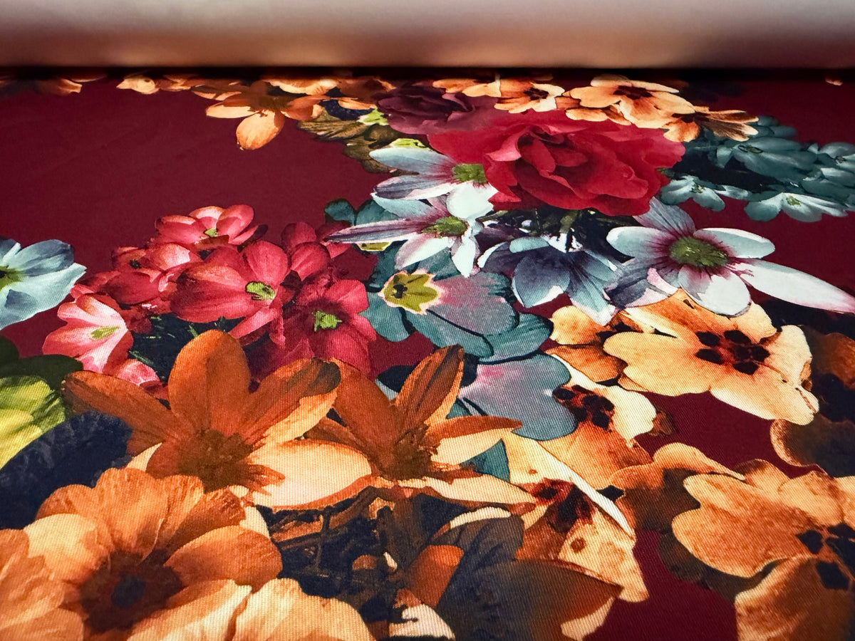 Scuba stretch spandex double jersey fabric, per metre - flourish print - burgundy
