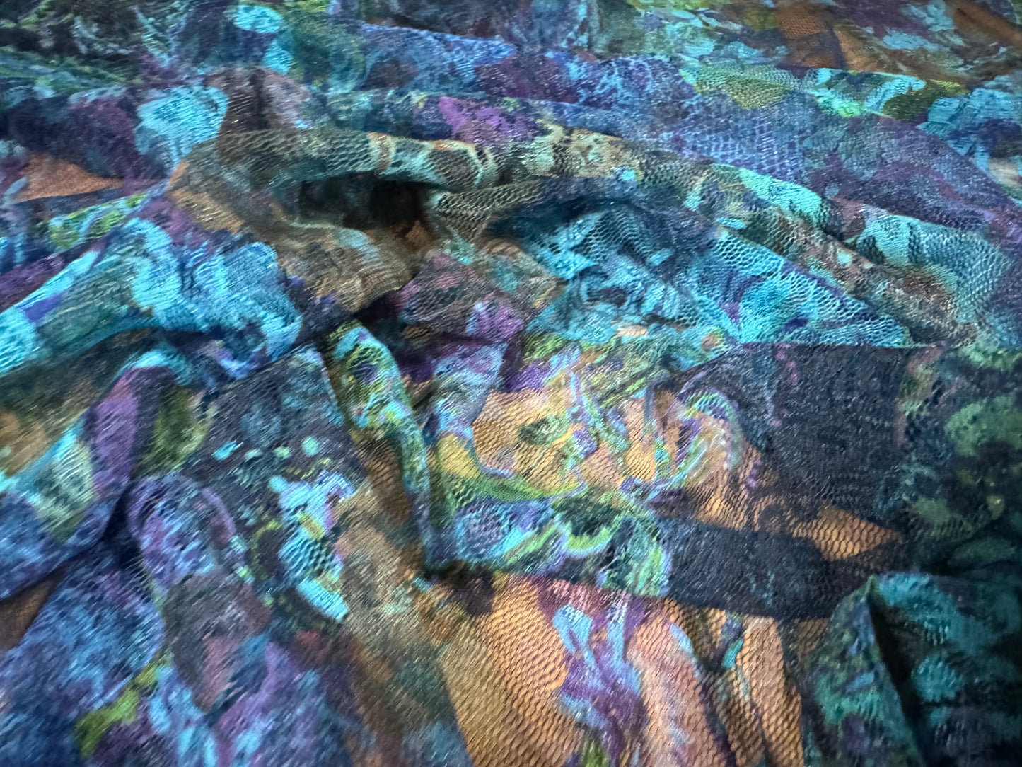 Stretch spandex mesh lace fabric, per metre - paisley rose print - blue turquoise & purple