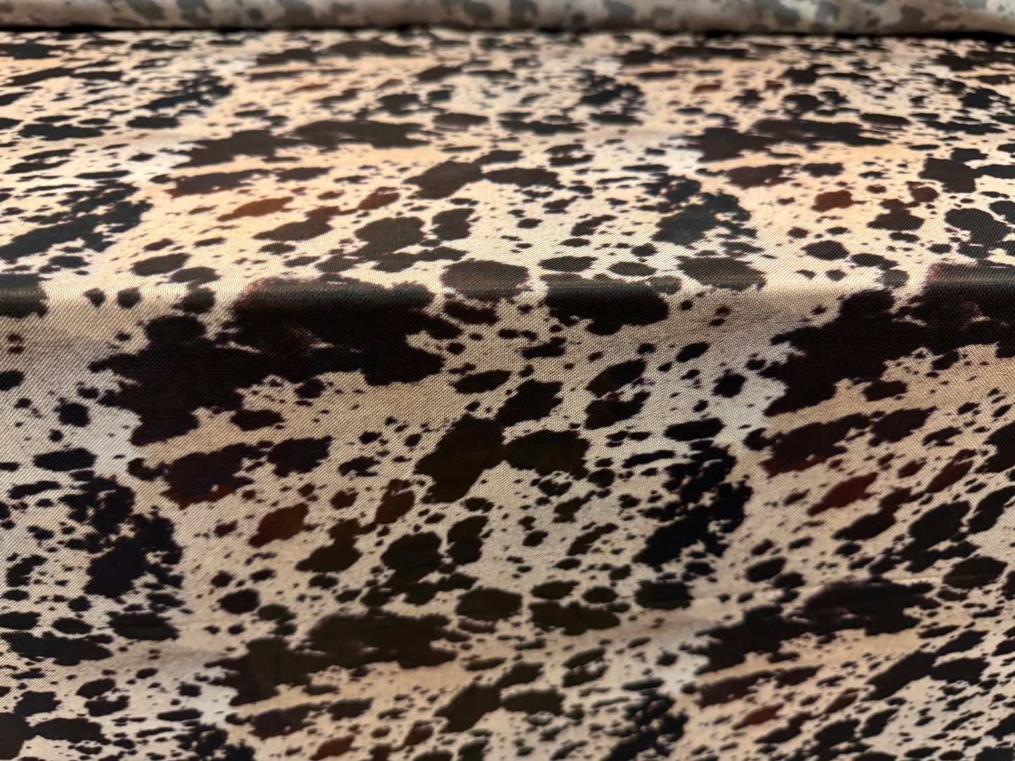 Power mesh net stretch spandex fabric, per metre - cow hide print - nude & dark brown