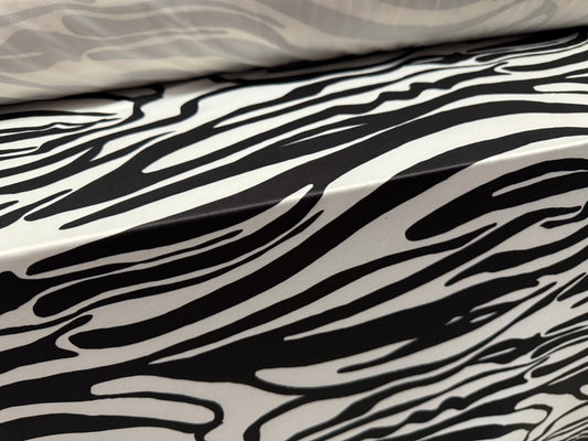 Soft touch stretch spandex single jersey fabric, per metre - zebra animal print - black & white