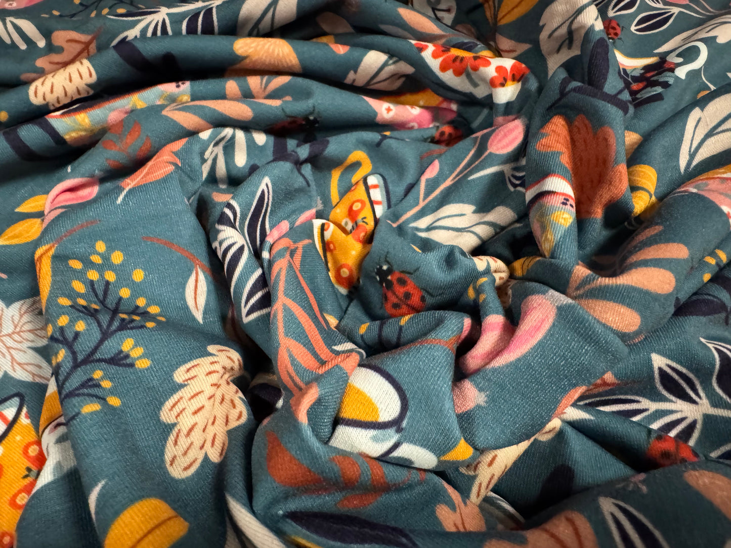 Soft handle stretch single jersey fashion fabric, per metre - teacups print - blue grey