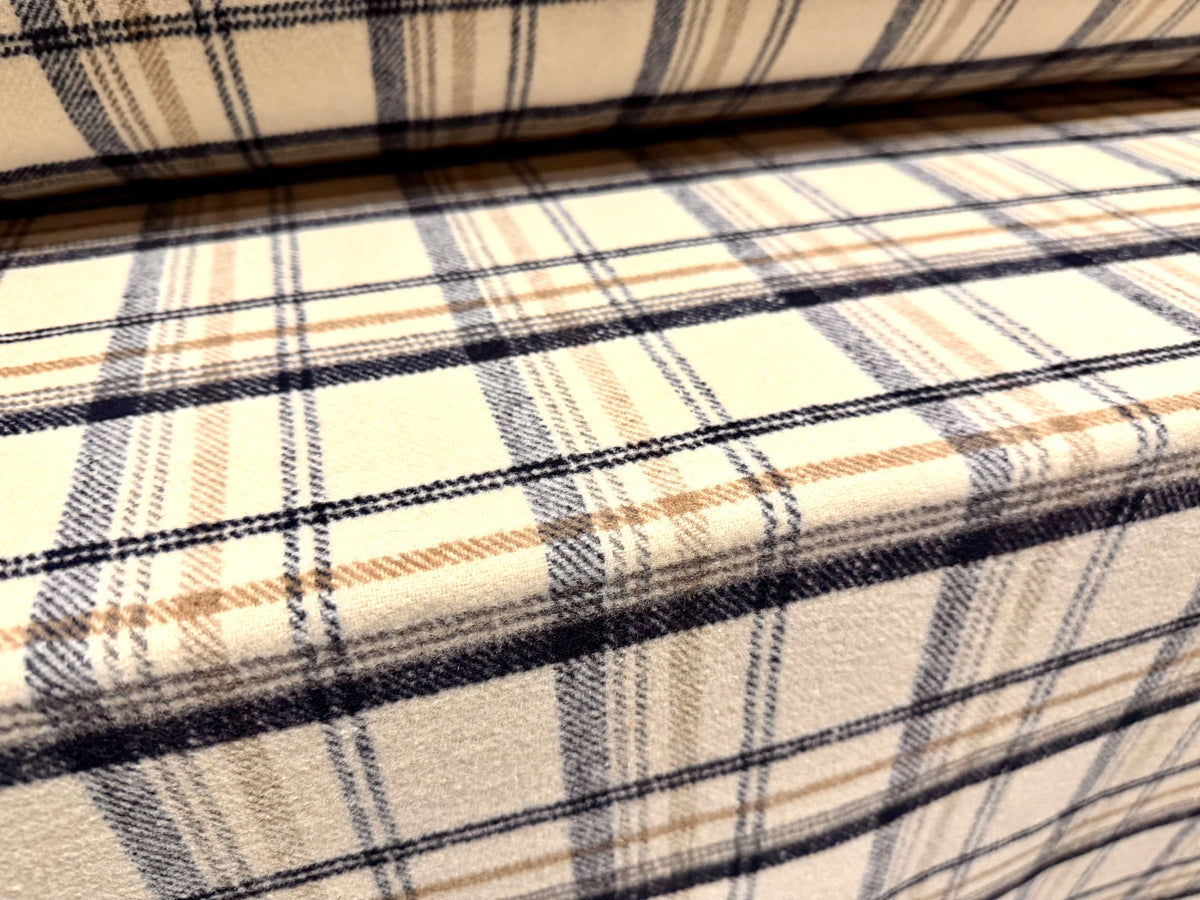Wool flannel fabric, per metre - plaid check - cream navy & beige